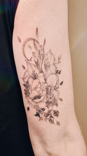 fine line birth flower bouquet with the moon, iris, gladiolus, daisy, violet, poppy