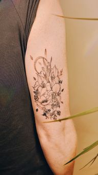 fine line birth flower bouquet with the moon, iris, gladiolus, violet, daisy, poppy