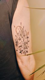 fine line birth flower bouquet with the moon, iris, gladiolus, violet, daisy, poppy