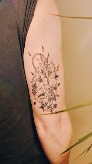 fine line birth flower bouquet with the moon, iris, gladiolus, violet, daisy, poppy