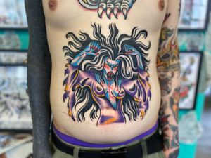 Vampire lady colour traditional stomach tattoo 