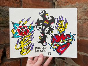 Traditional colour tattoo flash of a sacred heart, Borneo tribal scorpion and a rose on fire 