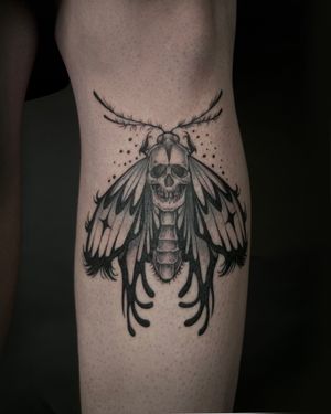 Majestic moth and eerie skull design expertly executed in blackwork style by Kat Jennings.