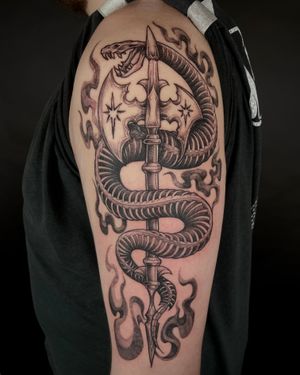 Unique tattoo combining a snake, halberd, and skeleton in a stunning illustrative style by Kat Jennings.