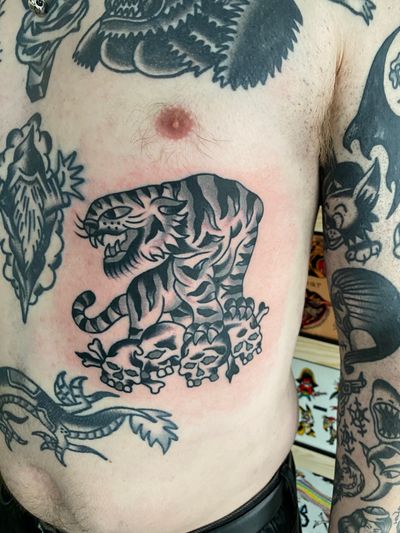 Black and grey tiger and skulls on ribs 