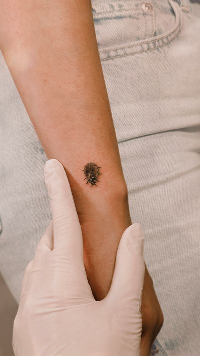  small micro-realistic ladybird on The wrist