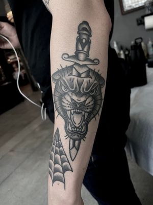 Healed Panther head and dagger  #traditionaltattoo #traditional #blackandgrey #blackandgreytattoo #pantherhead #panthertattoo