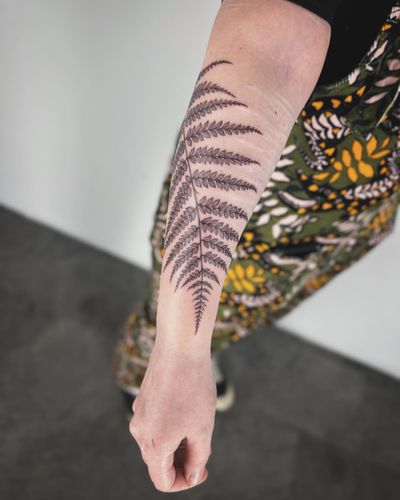 Capture the beauty of nature with this stunning illustrative fern tattoo by talented artist Paula. Perfect for nature lovers.