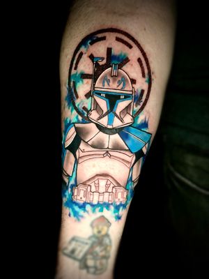 Show your love for Star Wars with this stunning tattoo featuring Stormtrooper and Captain Rex from Clone Wars. Art by Ben Twentyman.