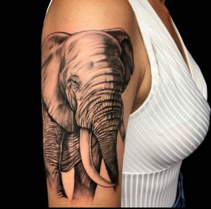 Immerse yourself in the beauty of wildlife with a stunning black and gray realism tattoo of an African elephant by Simon Says Ink.