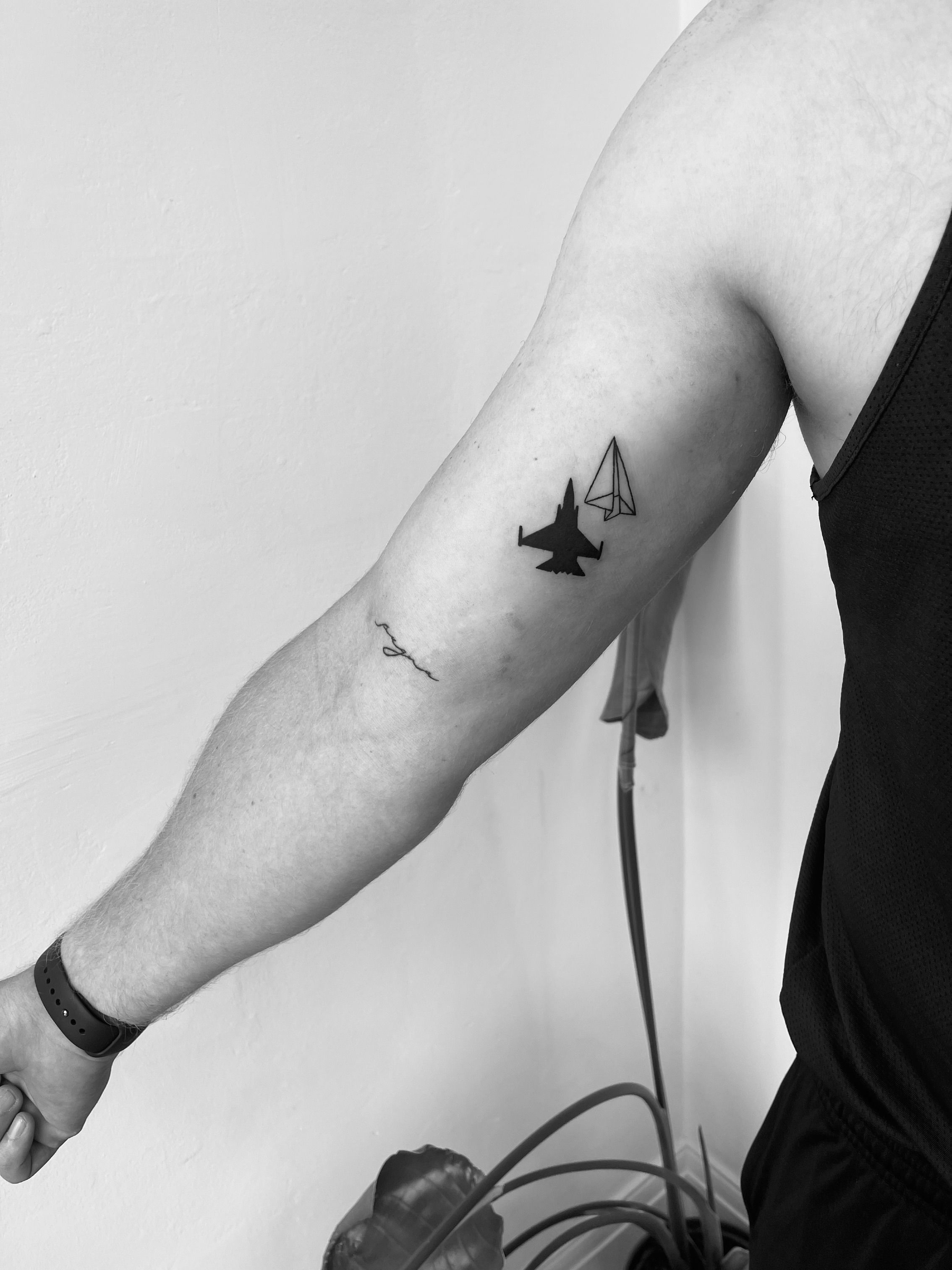 Fine Line Jet Fighter Vs Paper Plane Tattoo By Timmy Tattoodo fine-line-jet-fighter-vs-paper-plane-tattoo-by-timmy-tattoodo