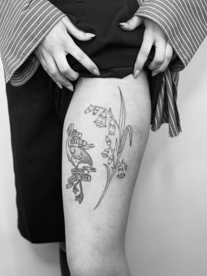 Elegant and delicate bellflower tattoo done in fine line illustrative style by the talented artist Timmy.