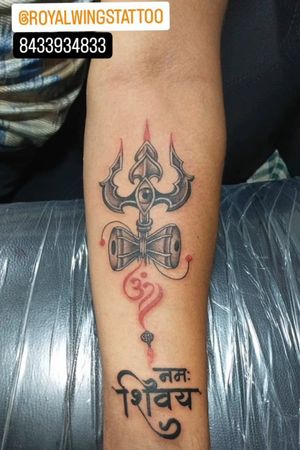 Om namah shivay with trishul and damru on inner forearm..Tattoo done by royal wings tattoo studio #tattoo #tattoos #tattooed #ink #inked #tattoodo #art #artist #artlife #artistforlife #royal #wings #royalwings #royalwingstattoo#royalwingstattoos #royalwingstattoostudio#ghatkopar #ghatkopareast #mumbai #india