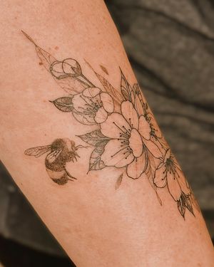 Fine line cherry blossoms and bumble bees, floral arm wrap