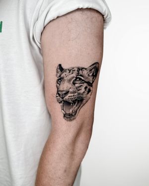 Experience the wild beauty of the savannah with this stunning black and gray micro-realism tattoo by Alex Lloyd.