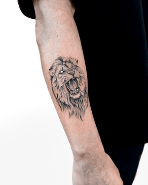 Exquisitely detailed black and gray lion tattoo by artist Alex Lloyd. A symbol of strength and courage.