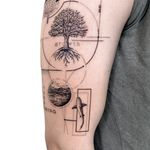 This fine line tattoo by Alex Lloyd features a unique design combining a shark, tree of life, and wormhole motifs in a geometric and illustrative style.