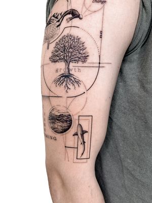 This fine line tattoo by Alex Lloyd features a unique design combining a shark, tree of life, and wormhole motifs in a geometric and illustrative style.