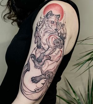 Illustrative  Ink brush kami wolf with red sun on arm
