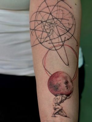 Get inspired by this stunning realism tattoo featuring an apple and Atlas design by Saka Tattoo.