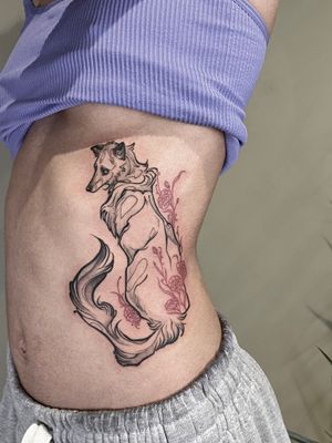  Illustrative ink brush Fox and red carnation on ribs 