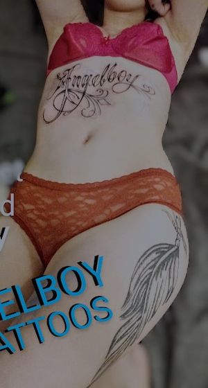 ANGELBOY TATTOOS ( ANGELBOY NAME ON STOMACH & FEATHER ON THIGH SHAY WHITE )