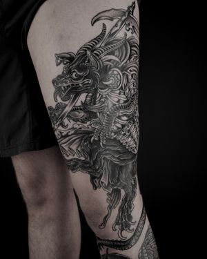 Get inked with a fierce blackwork wolf design inspired by medieval lore by the talented artist Lukey Wolf.