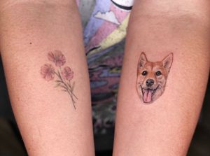 Detailed micro realism tattoo featuring a bundle of a dog and flower, beautifully executed by artist Doo.