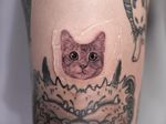 A black-and-gray micro-realism tattoo of a realistic cat's face. Cat tattoo, pet portrait, pet tattoo, micro realism, realism