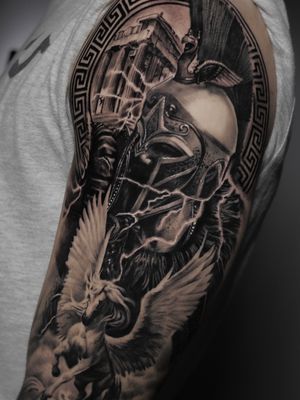 An incredibly detailed Roman warrior in the style of black and grey realism