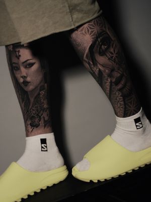 Fully healed leg tattoos in the style of black and grey realism.