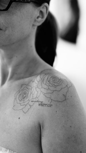“Sensitive warrior” lettering with one line roses on a shoulder ✨