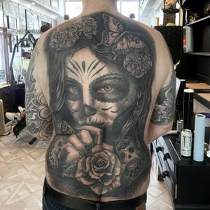 Black and grey realism Day of the Dead piece as a coverup too