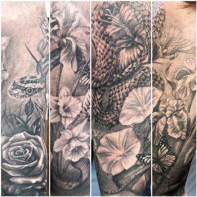 Half sleeve black and grey realism flowers and cute little snake