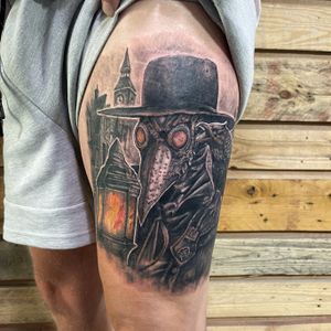 Black and grey and colour realism of a Plague Doctor#blackandgrey #colour #realism #horror