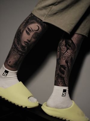 Fully healed leg tattoos in the style of black and gray realism.