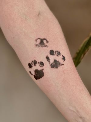 Unique blackwork illustrative tattoo of a dog's nose and paw print by Saka Tattoo, capturing the essence of a beloved pet.