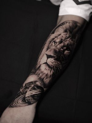 An incredibly realistic space lion in the style of black and gray realism. a great contrast will delight a person's life
