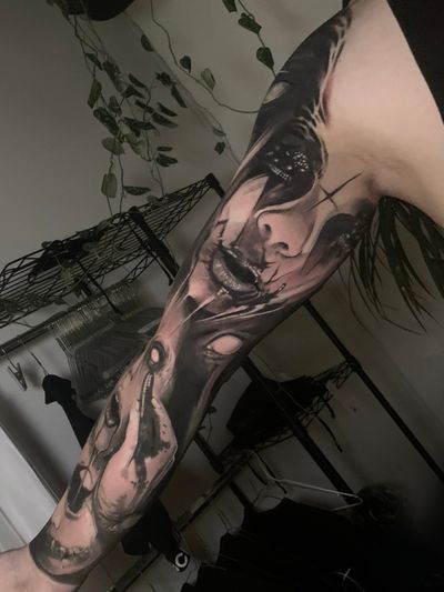 horror creepy full sleeve black and grey tattoo surrealistic