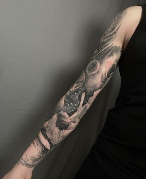 black and grey surrealism intergalactic full sleeve tattoo 