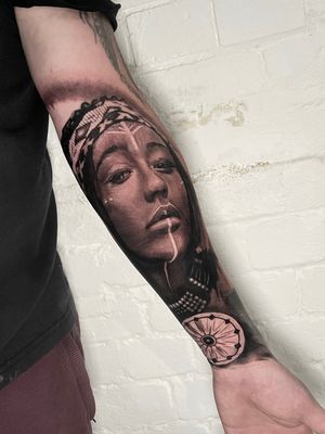 native american lady black and grey portrait tattoo