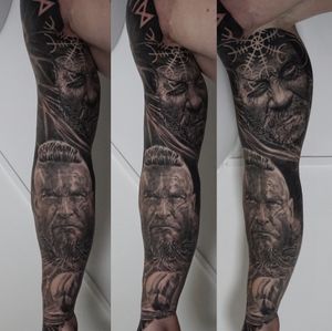 black and grey viking warrior full sleeve tattoo 