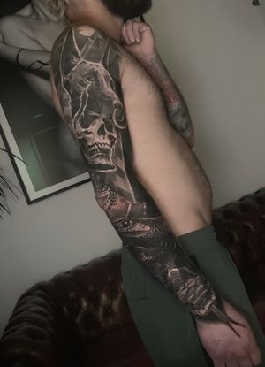 anubis snakes skull black and grey full sleeve arm cover up tattoo