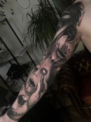 horror full sleeve black and grey tattoo 