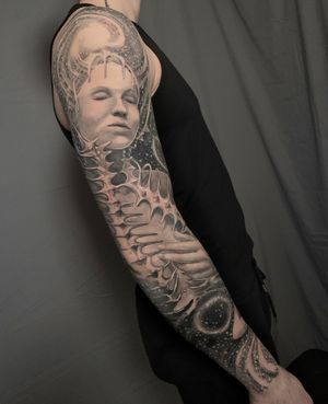 black and grey intergalactic full sleeve tattoo surrealism
