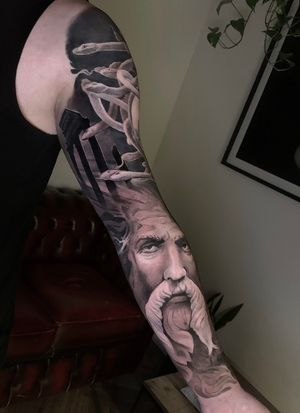 mythology greek gods zeus pegasus medusa and temple full sleeve black and grey realistic tattoo