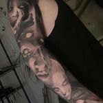 horror full sleeve black and grey tattoo 