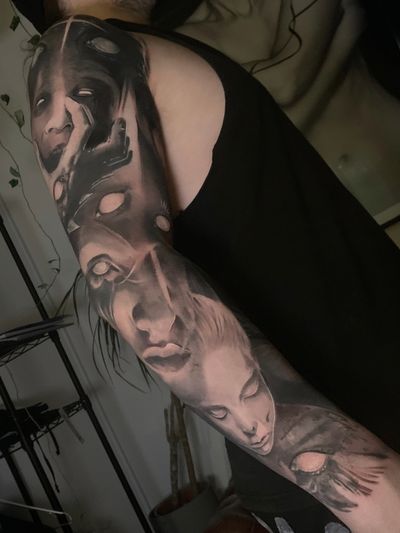 horror full sleeve black and grey tattoo 