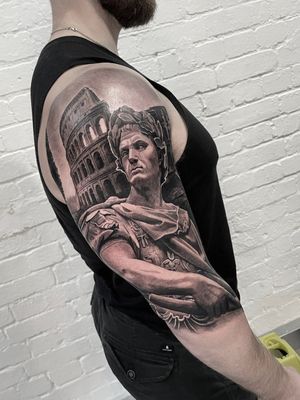 julio cesar and colosseum black and grey realism tattoo