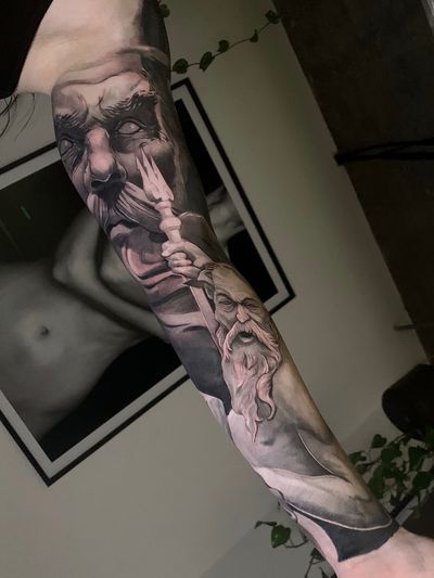 black and grey greek gods, zeus and poseidon full sleeve tattoo